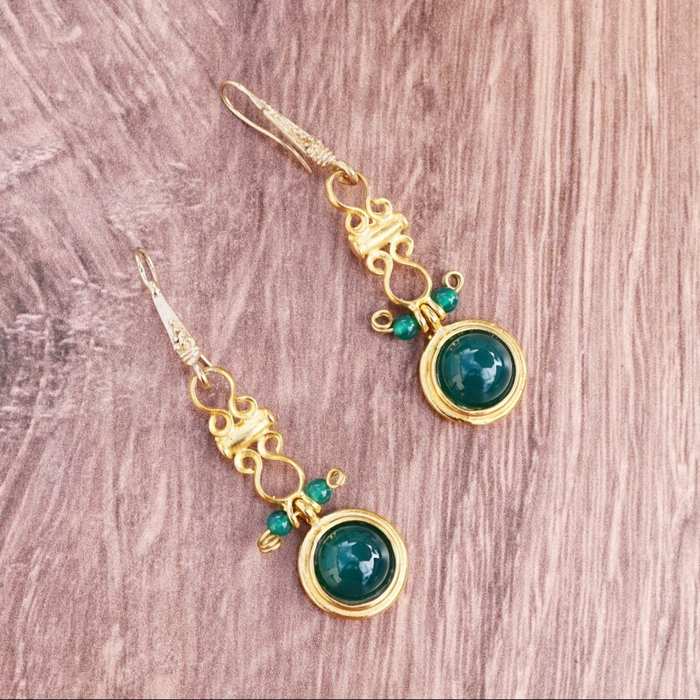 Vintage 1970s Green Glass Cabochon Drop Earrings